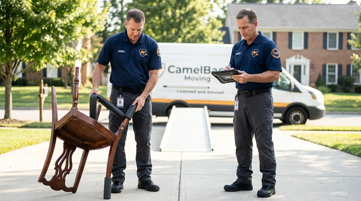 Movers inspecting furniture for damage prevention before loading in Benton City, WA