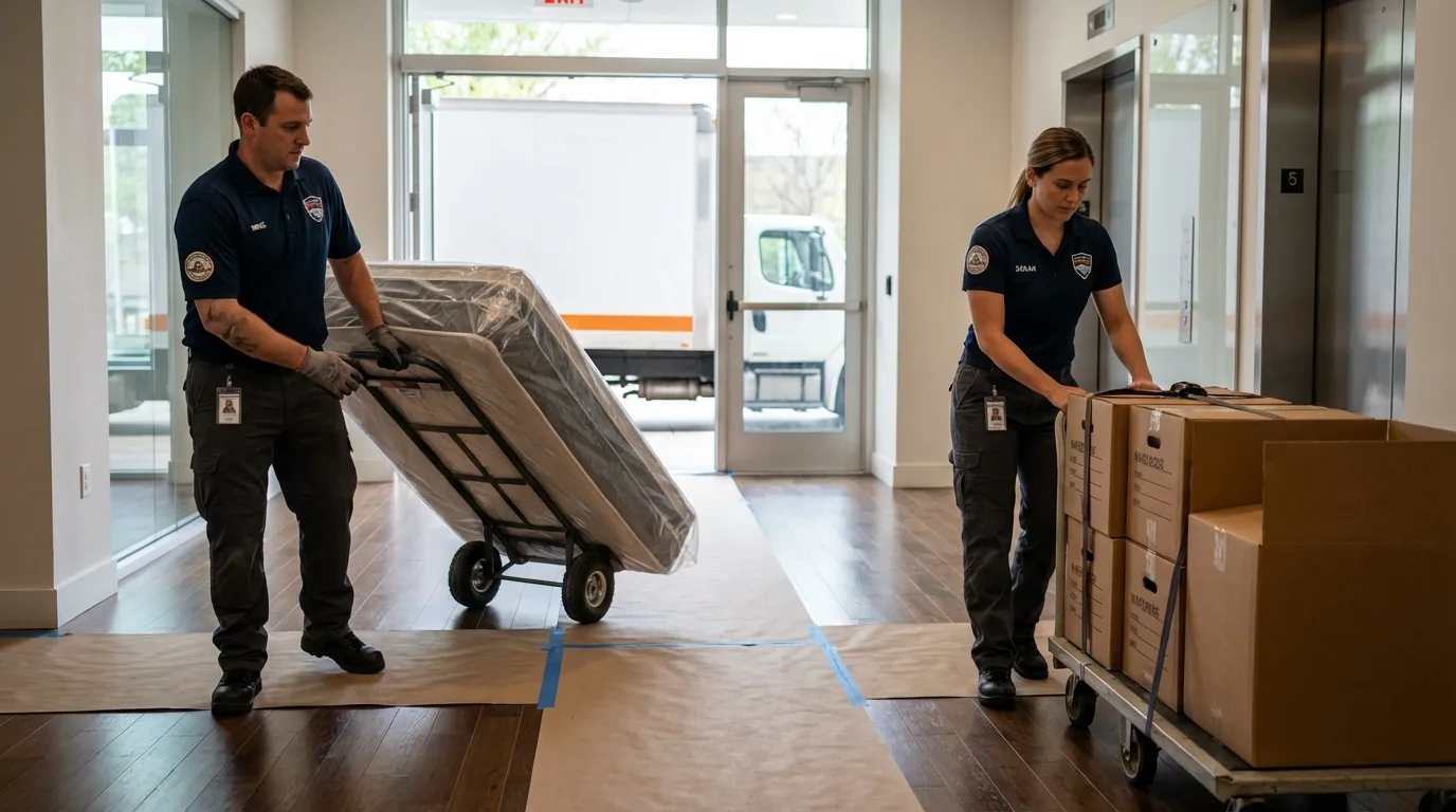 Professional apartment movers loading elevator in Benton City, WA