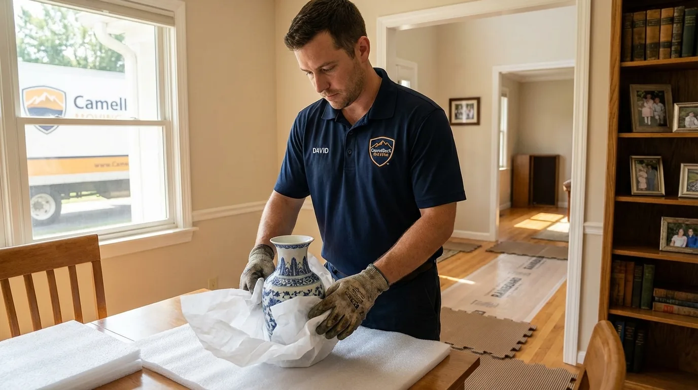 Professional crew carefully wrapping antique vase for senior downsizing move in Benton City, WA